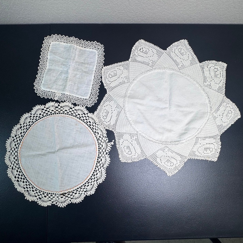Vintage White Lace Doily Lot 6pc Crochet Linen Tatting Mixed Shapes Farmhouse
